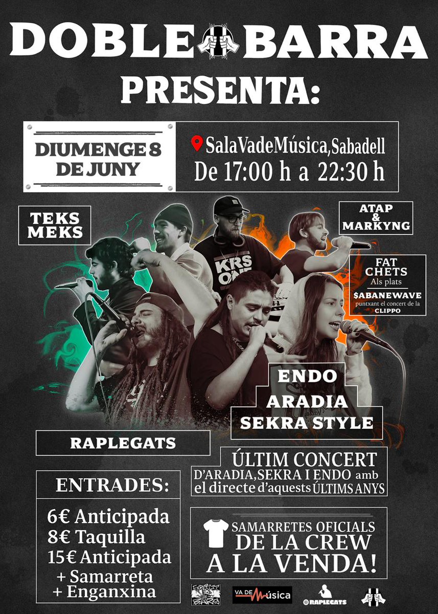 Diumenge 8 de juny al Vade Música de Sabadell, a dos minuts de la estació de renfe centre. Estaré amb el Marki fent 30 minuts de rap.
6€ l'anticipada: entradium.com/events/doble-b…