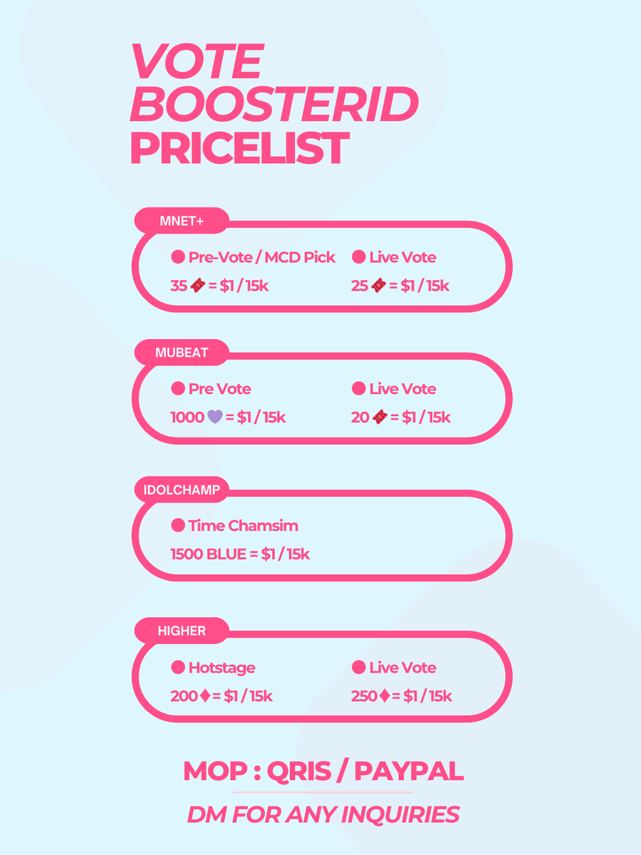 🛒 AVAILABLE FOR SALE

🌟 MNET+
AVAIL : 800 TIX/DAY

🌟 MUBEAT
AVAIL :
• 272 TIX
• 10.000 HB

🌟 IDOLCHAMP
AVAIL : 18.000 🩵

🌟 HIGHER
AVAIL : 1750 ♦️

🌟 GIFTIFAN
AVAIL : 1.5M 🩷 ENERGY 
TAKE ALL IDR 640,000

💸 Paypal &amp; INA e-wallet/QRIS
💌 DM to buy/reservation