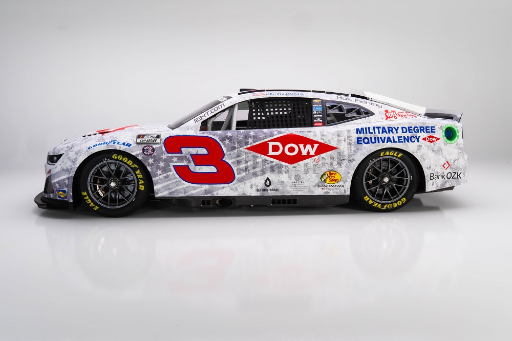 DowSports's tweet photo. For the 11th year, Dow and @RCRracing are honoring veterans. 

Tomorrow, @austindillon3 will drive the No. 3 Dow Salutes Veterans Chevy, featuring 1,600+ names of those who’ve served. 

From racing to Dow’s Veteran Resource Group, we are proud to support our nations heroes. https://t.co/6vw9douxRu