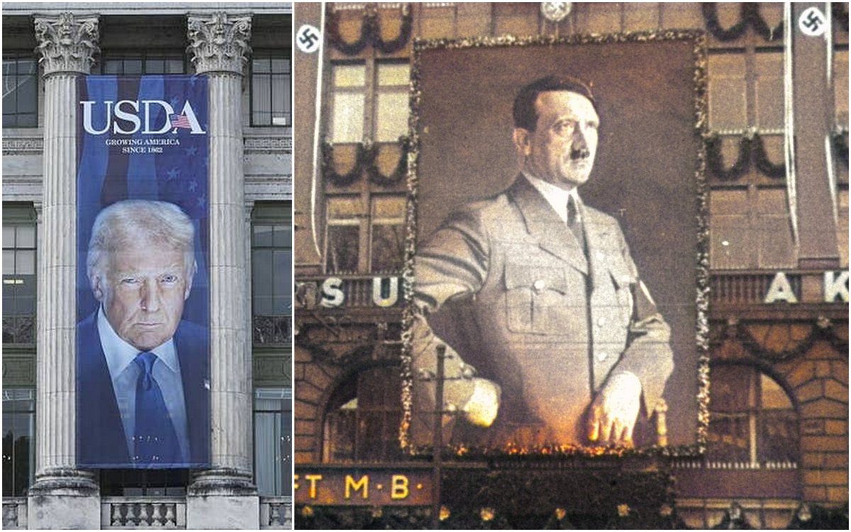 ‘Deeply creepy’

There’s a new addition to the streetscape outside the Department of Agriculture building in Washington, D.C., causing a stir online.

Looming down from the pillared front of the neo-classical facade is an enormous, brooding picture of President Donald Trump,