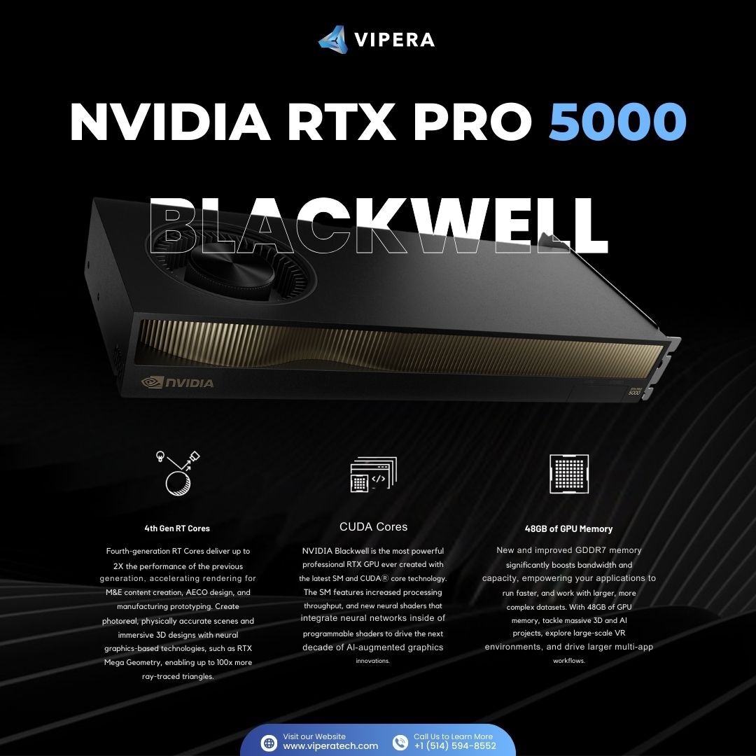 vipera_llc's tweet photo. Level up your AI, design, and rendering workflows with the all-new RTX 5000 Blackwell

🔹 48GB GDDR6 ECC memory

🛒 Secure yours now: https://t.co/EWyUKJcKym

#ViperaTech #NVIDIA #RTX5000 #BlackwellGPU #WorkstationPower #AIDesign #GraphicsPerformance #NextGenComputing https://t.co/N3tc8Hrqpl