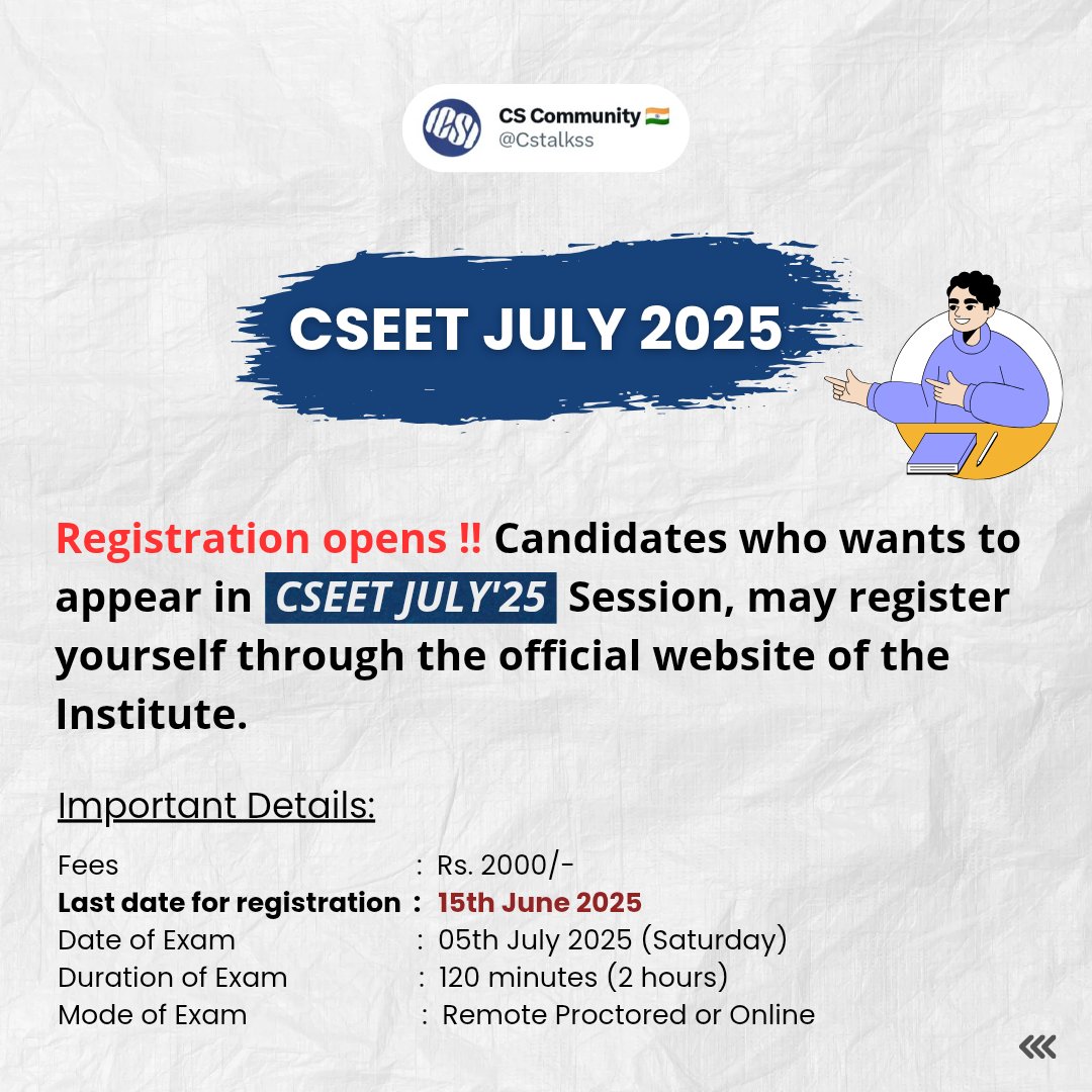 Cstalkss's tweet image. Registration is open !! for #CSEET JULY 2025 Exam

#CompanySecretary
#ICSI
