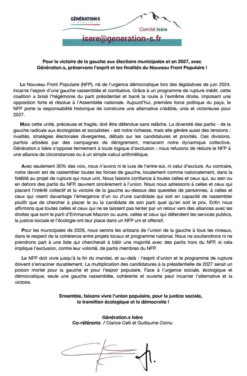 38_Generations's tweet image. Pour une victoire de la gauche aux élections #municipales2026 et en #2027, avec @GenerationsMvt préservons l'esprit et les finalités du Nouveau Front Populaire 
#NFP