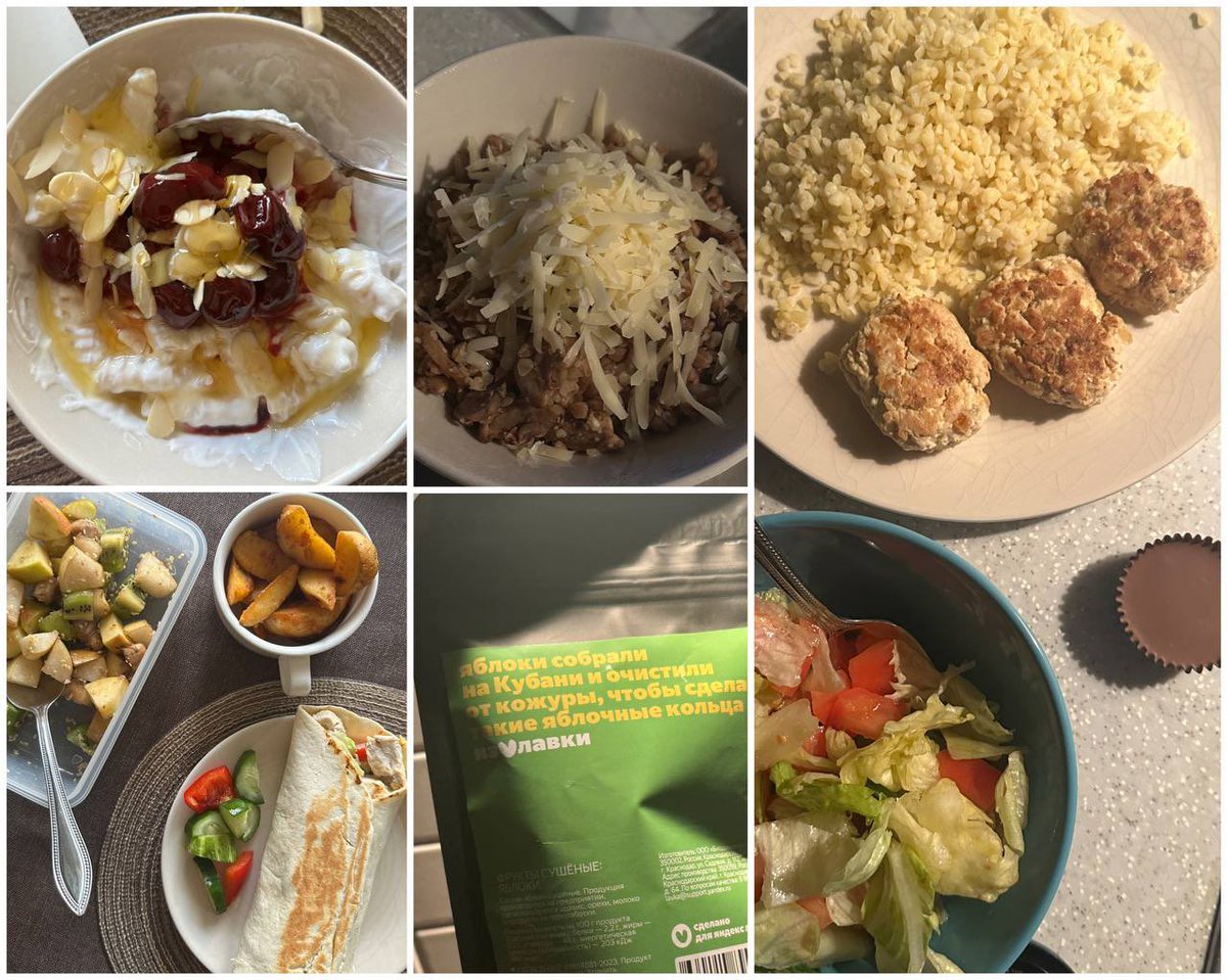 Завтрак: макароны с творогом, вишней, мёдом и миндалём;

Обед: шаурма с курицей с соусом из йогурта и пармезана и овощами, картофель в духовке, фруктовый салат;

Полдник: гречка с луком, грибами и пармезаном, сушёные яблоки;

Ужин: рубленые котлеты из курицы с булгуром, салат с