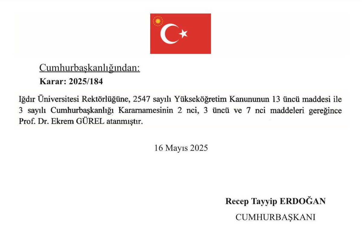 Cumhurbaşkanımız Sayın <a href="/RTErdogan/">Recep Tayyip Erdoğan</a> ’ın tensipleriyle Iğdır Üniversitesi Rektörlüğüne atanan Prof. Dr. Ekrem Gürel hocamızı tebrik ediyor, yeni görevinde başarılar diliyorum.

Iğdır’ımızın bilim, eğitim ve araştırma alanında daha da gelişmesi için Iğdır Üniversitesi’ne destek