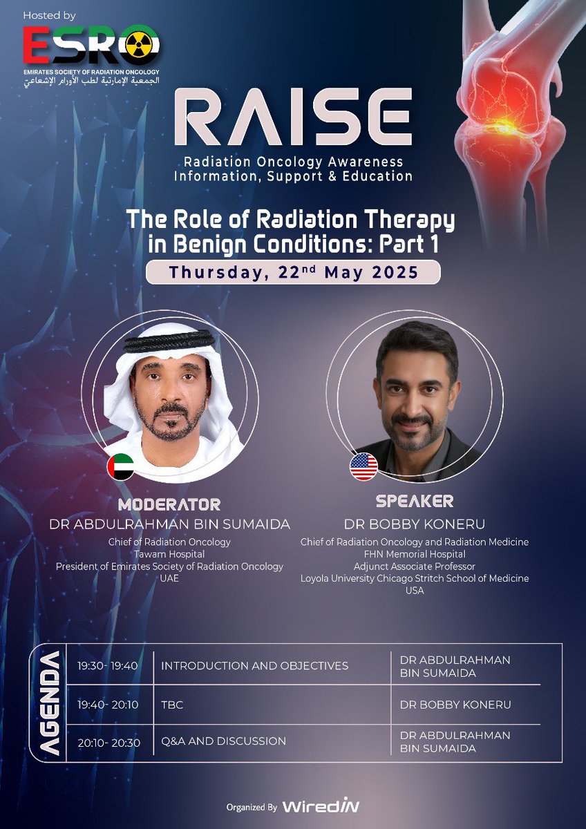 KoneruMd's tweet image. 📢 CME Accredited Webinar – Join Us for the First Session of the RAISE Series!
Hosted by the Emirates Society of Radiation Oncology (ESRO)
🌟 RAISE – Radiation Oncology Awareness, Information, Support & Education
🎙 Topic: Low Dose Radiotherapy for Osteoarthritis and Plantar…