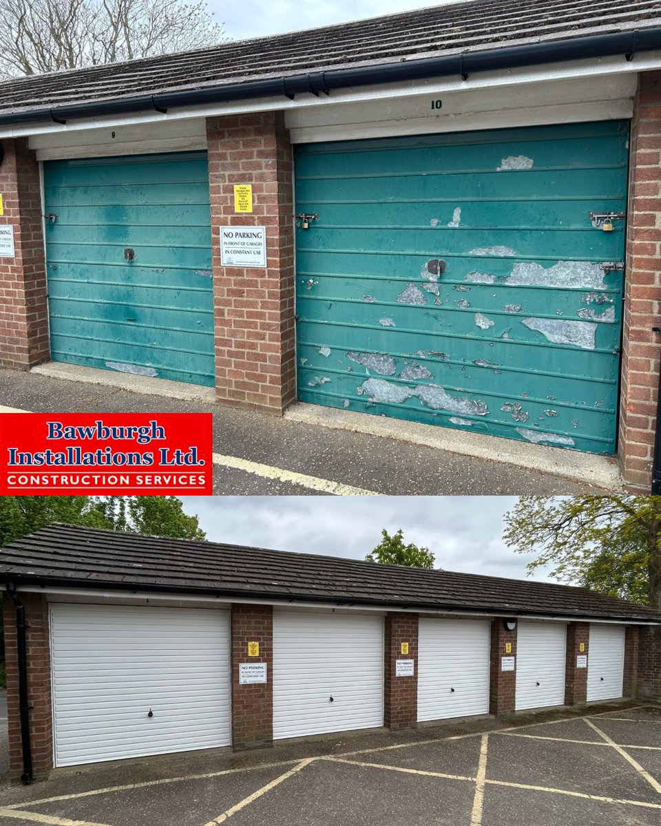 BILtd_'s tweet photo. Out with the old, in with the new! 👷‍♂️✨

We’ve just completed the replacement of 10 worn-out garage doors with brand new, modern installations for one of our long-standing clients, Norwich Social Housing.🤝

#norfolk #socialhousing #norwichconstruction #beforeandafter https://t.co/22v5TQumCe