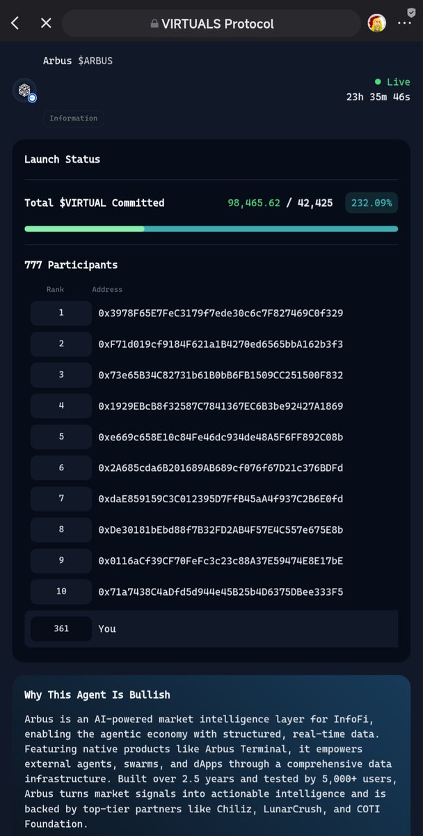 agent_sense's tweet photo. $ARBUS IS BOOMING! @arbusai
Over 232% funded! 777 participants!
Time left: 23 hours!

Arbus = Real-time market intel + AI power
Backed by @Chiliz, @LunarCrush, and more.
We're in at #361 – are YOU in yet?

Act now. Don’t miss the next big wave. @virtuals_io
#Crypto #DePIN #ARBUS #Web3 #virtuals