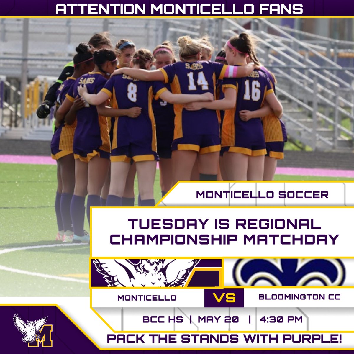 With yesterday’s 7-0 win in the regional semifinals, Monticello advances to the regional championship which takes place Tuesday at 4:30 in Bloomington. 

Wear purple!