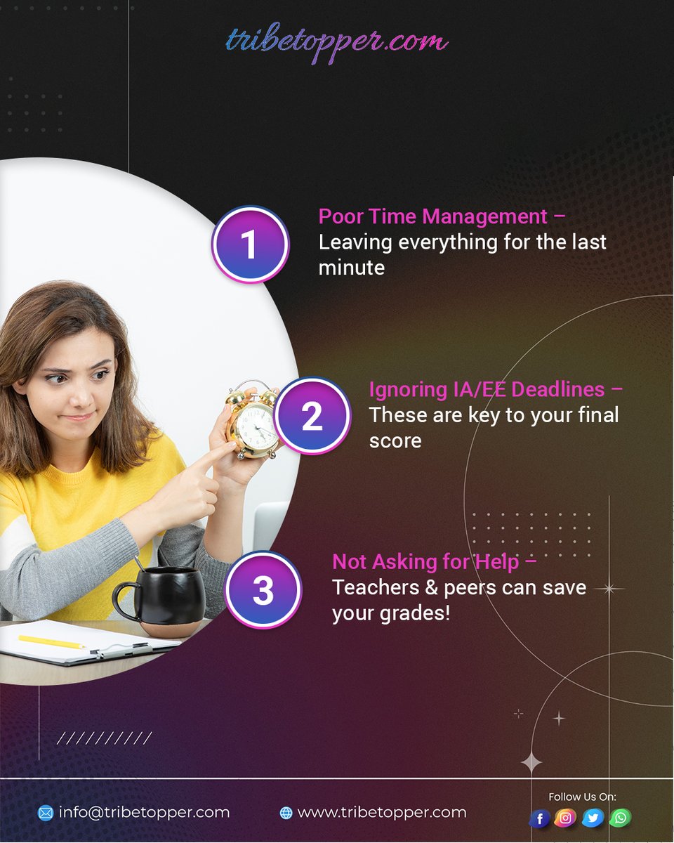 TribeTopper's tweet image. Struggling in IBDP? It might be simple mistakes like poor time management or ignoring deadlines. Spot them early, fix them fast, and get back on track!
#IBDP #subjects #concepts #academicexcellence #paper #pastpapers #practicemakesperfect #mocktest #studentsuccess #tribetopper