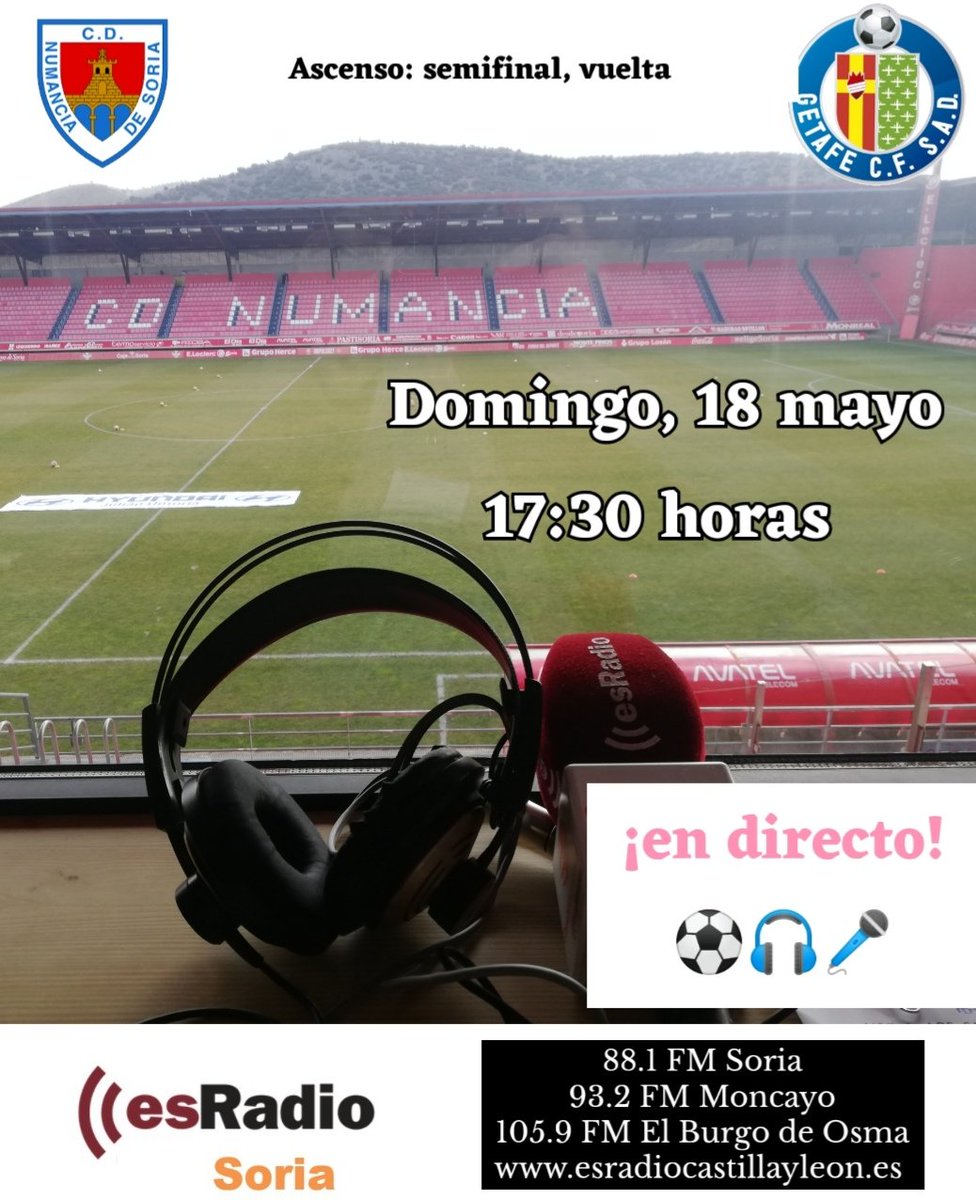 soriaesradio's tweet photo. ¡A SEGUIR! 🎤🎧
📻 88.1 FM (Soria) // 93.2 FM (Moncayo) // 105.9 FM (El Burgo de Osma) 
📱🖥️ https://t.co/LdRp61pn1d
📅 18 de mayo
⏱️ 17:30 horas
⚽ @cdnumancia - @LaBaseGTF
🎤 Raúl Alonso, Aarón Aylagas y @MargonluLuis https://t.co/JI2aUmcAvU