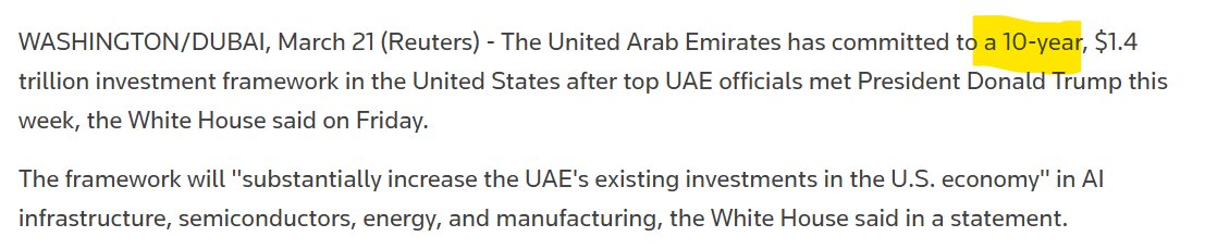 RnaudBertrand's tweet photo. The claim is that they'd do so over 10 years, which basically means investing in the U.S. $140 billion a year, or 30% of their entire GDP every year.

I check and the UAE's government budget is 14.45% of GDP (https://t.co/b4imZeZrYq)

In other words, investing $1.4 trillion over 10 years in the U.S. would mean investing TWICE the UAE's government budget in the U.S. every year😅

Again, those numbers are completely and utterly delusional, it just defies economic reality.