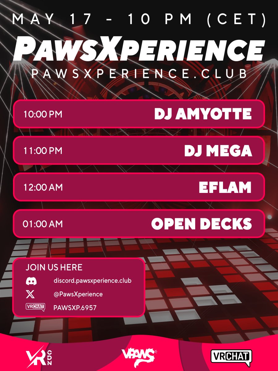 PawsXperience's tweet image. Hewoooo!
To celebrate the launch of our new club, we're hosting a event tonight!

The instance will open 30 minutes before the event starts.

Make sure to join our VRChat group to access the instance! vrc.group/PAWSXP.6957

We can’t wait to see you tonight!
#vrchat #dj #furry