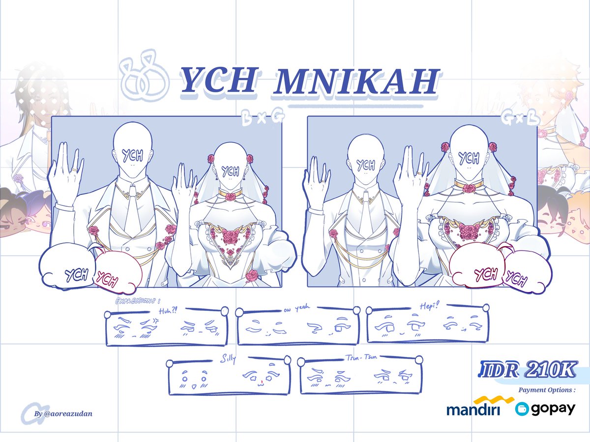 💍 YCH MNIKAH  COMMISSION by <a href="/aoreazudan/">Ao Merman 🐟</a>
[Likes &amp; RTs are highly appreciated ♥]

Aloo, Ao opening YCH MNIKAH for June Bride event. Open for couple BxG and GxB, only for IDR 210k!

For details and ToS please check this thread ←⁠(⁠*⁠꒪⁠ヮ⁠꒪⁠*⁠)