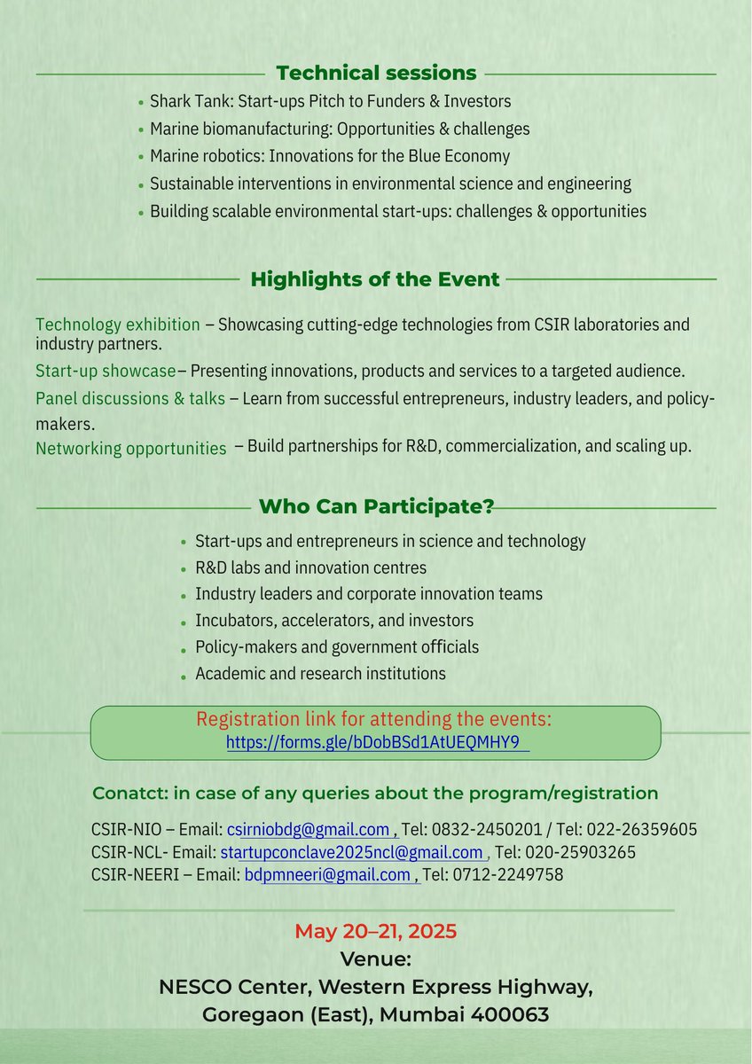 CSIR-NIO GOA (@csirniogoa) on Twitter photo CSIR START-UP CONCLAVE Mumbai 2025 organised by three premier laboratories of CSIR —CSIR-NIO, CSIR-NEERI and CSIR-NCL.
<a href="/dgcsirIndia/">DG, CSIR</a>
<a href="/PIB_India/">PIB India</a>
<a href="/MinistryofST/">Ministry of Science & Technology</a>
<a href="/MaharashtraCmo/">CMO Maharashtra</a>
<a href="/maharashtracm/">Prithviraj Chavan</a> <a href="/csir_ncl/">CSIR-National Chemical Laboratory</a> <a href="/CSIR_NEERI/">CSIR-NEERI</a> CSIR START-UP CONCLAVE Mumbai 2025 organised by three premier laboratories of CSIR —CSIR-NIO, CSIR-NEERI and CSIR-NCL.
<a href="/dgcsirIndia/">DG, CSIR</a>
<a href="/PIB_India/">PIB India</a>
<a href="/MinistryofST/">Ministry of Science & Technology</a>
<a href="/MaharashtraCmo/">CMO Maharashtra</a>
<a href="/maharashtracm/">Prithviraj Chavan</a> <a href="/csir_ncl/">CSIR-National Chemical Laboratory</a> <a href="/CSIR_NEERI/">CSIR-NEERI</a>