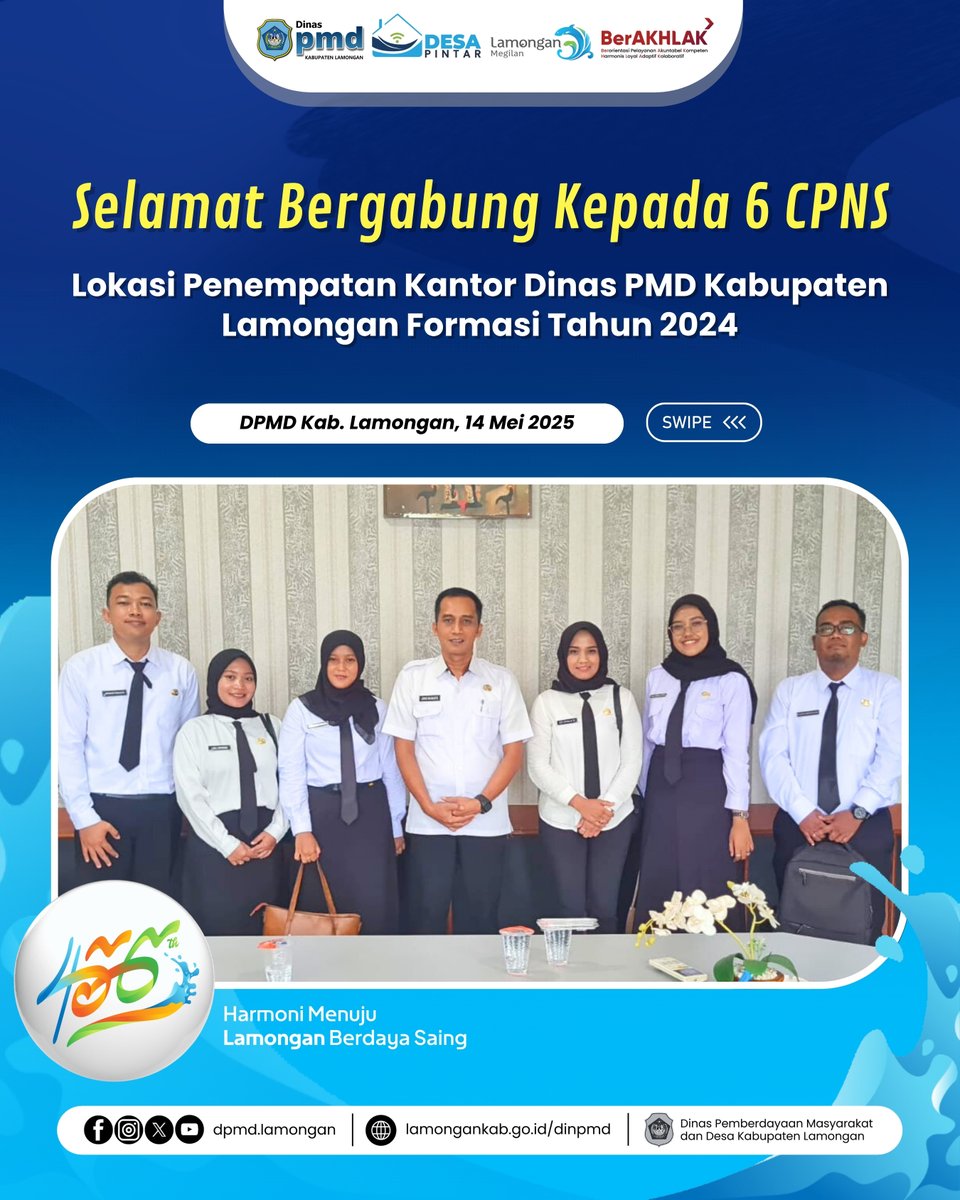 LamonganPmd's tweet photo. Segenap keluarga Dinas Pemberdayaan Masyarakat dan Desa Kabupaten Lamongan mengucapkan selamat datang di Kantor Dinas PMD Kabupaten Lamongan dan selamat bergabung kepada keenam CPNS, selamat bertugas dan semangat berintegritas sebagai Aparatur Sipil Negara (ASN) https://t.co/QytKHgCpBS