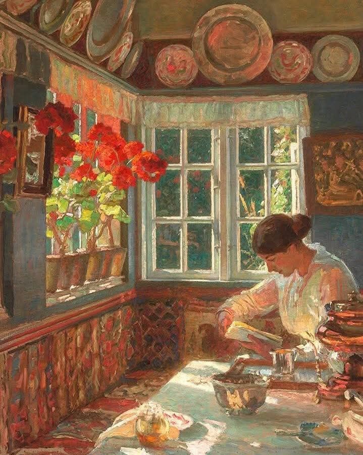 To find a place of stillness, of quiet, of peace is a sacred space in this world of noise, busyness, &amp; chaos. Root yourself there. This is where you will nourish and nurture your tender heart and resilient soul.
(art is Morning Atmosphere by Laurits Tuxen)