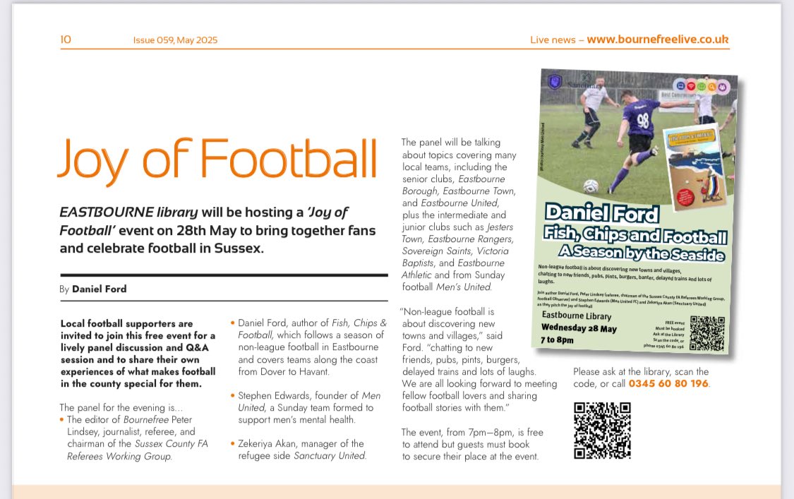 Fish, Chips and Football (@fishchipsfooty) on Twitter photo Article in Eastbourne’s local magazine, Bournefree. If you love Sussex football we’d love to see you <a href="/EastSussexCC/">East Sussex County Council</a> Eastbourne Library for this football event. <a href="/ebfc_official/">Eastbourne Borough FC</a> <a href="/eastbourneuafc/">Eastbourne United AFC</a> <a href="/eastbournetfc/">Eastbourne Town FC</a> <a href="/menunitedfceast/">Men United FC</a> <a href="/EBRangers/">Eastbourne Rangers</a> <a href="/MacronESFL/">MSH - East Sussex Football League</a> <a href="/eastbournefa/">Eastbourne FA🌈</a> <a href="/_ChrisPrior/">Chris Prior</a> Article in Eastbourne’s local magazine, Bournefree. If you love Sussex football we’d love to see you <a href="/EastSussexCC/">East Sussex County Council</a> Eastbourne Library for this football event. <a href="/ebfc_official/">Eastbourne Borough FC</a> <a href="/eastbourneuafc/">Eastbourne United AFC</a> <a href="/eastbournetfc/">Eastbourne Town FC</a> <a href="/menunitedfceast/">Men United FC</a> <a href="/EBRangers/">Eastbourne Rangers</a> <a href="/MacronESFL/">MSH - East Sussex Football League</a> <a href="/eastbournefa/">Eastbourne FA🌈</a> <a href="/_ChrisPrior/">Chris Prior</a>