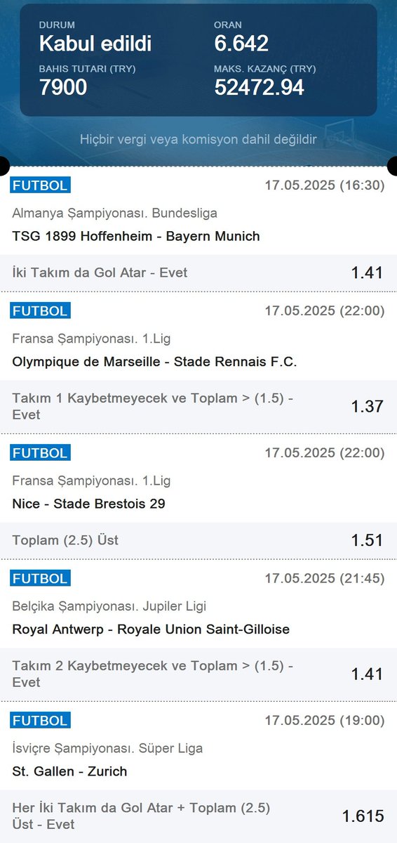 Günün Kuponu🔥

5 Maç 

+6 Oran

Rt,yorum ve beğeni yapanlar arasından 10 kişiye süpriz ödül🤫

Bol Şanslar ❤️