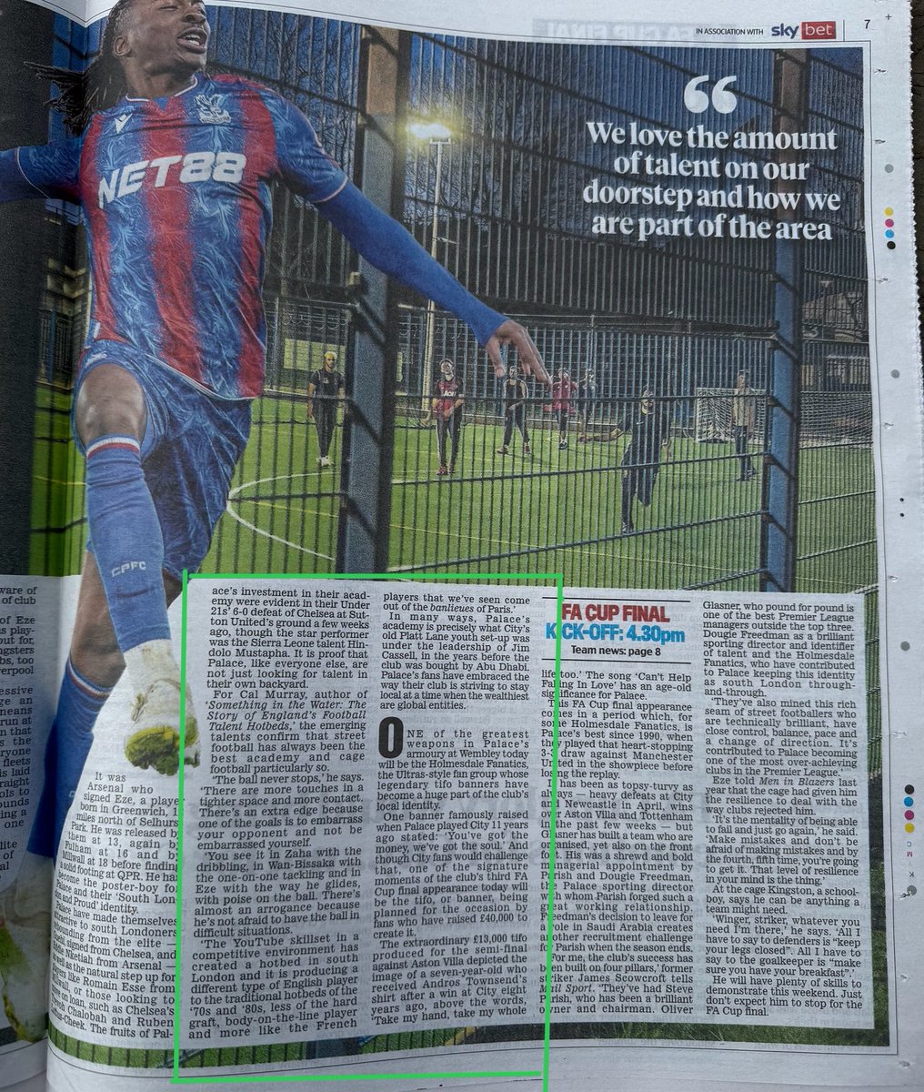 Great to be interviewed and featured in <a href="/MailSport/">Daily Mail Sport</a> today in their FA Cup Final
coverage, looking at Crystal Palace and the successes of south London in developing talent. Pleasure to be asked to be involved and the acknowledgment of my book looking at exactly that topic. Book