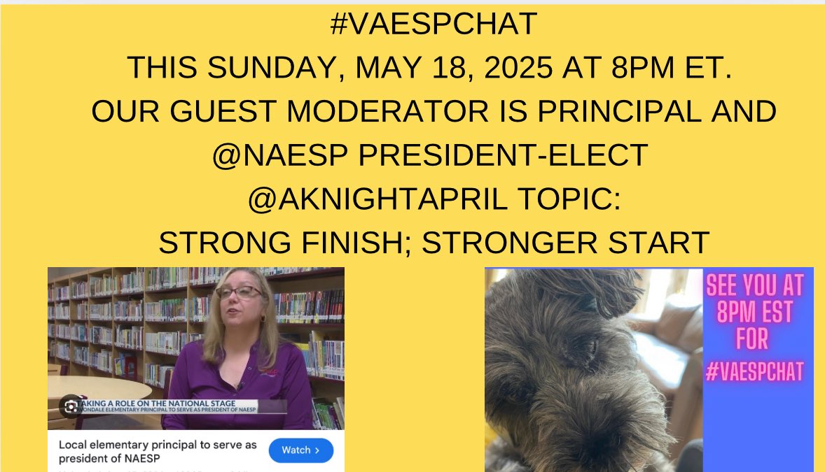 Dr. Andrew Buchheit (@andrewbuchheit) on Twitter photo #VAESPchat this Sun, May 18 at 8pmET. Guest moderator is Principal & <a href="/NAESP/">National Assoc. of Elementary School Principals</a> President-Elect <a href="/AknightApril/">April Knight</a> Topic: Strong Finish; Stronger Start. <a href="/Principal_H/">๐๐ก๐ซ๐ข๐ฌ๐ญ๐จ๐ฉ๐ก๐๐ซ ๐๐๐ซ๐ซ๐ข๐ฌ ๐ธ๐ดโโ ๏ธ๐งฉ๐ค๐</a> <a href="/jfprovencher27/">Francois Provencher ( he and il )</a> <a href="/tylerhart_htx/">๐๐ฎ๐ก๐๐ง ๐๐๐ง๐ฉ</a> <a href="/jloz82/">Jose A. Lozano</a> <a href="/aplusleader/">Amanda Finklea</a> <a href="/LoudounSupe/">Aaron Spence</a> <a href="/Schoolguy/">Jim Thompson</a> <a href="/Nick_EdwardsEDU/">Nick Edwards, M.Ed</a> <a href="/nickiatquest/">Nicki Slaugh</a> <a href="/DrRenaeBryant/">Dr. Renae Bryant</a> #VAESPchat this Sun, May 18 at 8pmET. Guest moderator is Principal & <a href="/NAESP/">National Assoc. of Elementary School Principals</a> President-Elect <a href="/AknightApril/">April Knight</a> Topic: Strong Finish; Stronger Start. <a href="/Principal_H/">๐๐ก๐ซ๐ข๐ฌ๐ญ๐จ๐ฉ๐ก๐๐ซ ๐๐๐ซ๐ซ๐ข๐ฌ ๐ธ๐ดโโ ๏ธ๐งฉ๐ค๐</a> <a href="/jfprovencher27/">Francois Provencher ( he and il )</a> <a href="/tylerhart_htx/">๐๐ฎ๐ก๐๐ง ๐๐๐ง๐ฉ</a> <a href="/jloz82/">Jose A. Lozano</a> <a href="/aplusleader/">Amanda Finklea</a> <a href="/LoudounSupe/">Aaron Spence</a> <a href="/Schoolguy/">Jim Thompson</a> <a href="/Nick_EdwardsEDU/">Nick Edwards, M.Ed</a> <a href="/nickiatquest/">Nicki Slaugh</a> <a href="/DrRenaeBryant/">Dr. Renae Bryant</a>
