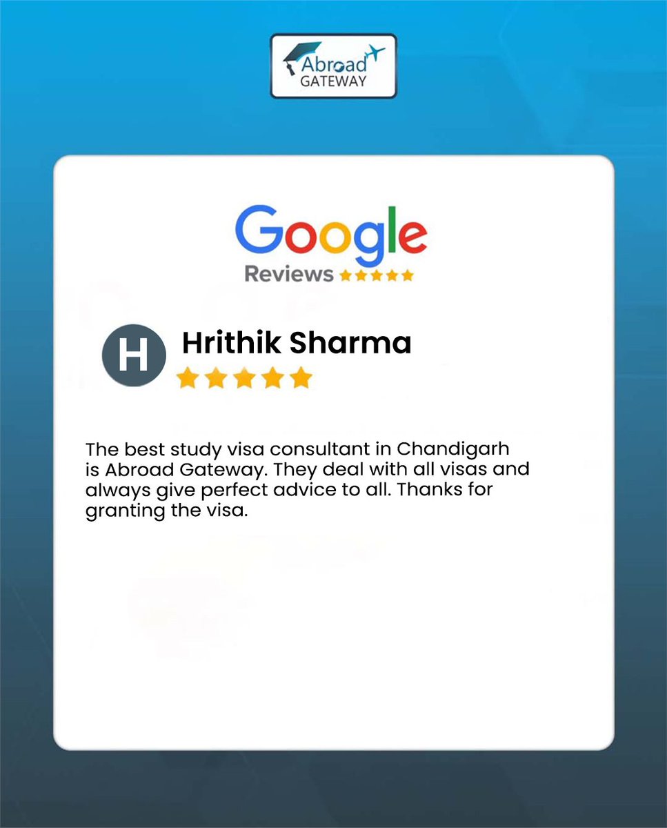 AbroadGatewayy's tweet image. 🌟 5-Star Review Alert! 🌟
Hrithik Sharma calls #AbroadGateway the best #studyvisaconsultant in #Chandigarh!
🙌 Expert advice ✔️
📄 All visa types ✔️
💬 Perfect guidance ✔️

📍Let us help you next!
📍 SCO 45, Sector 42-C, Chandigarh
📞 +91 97797-73439
🌐 bit.ly/4hd6beD