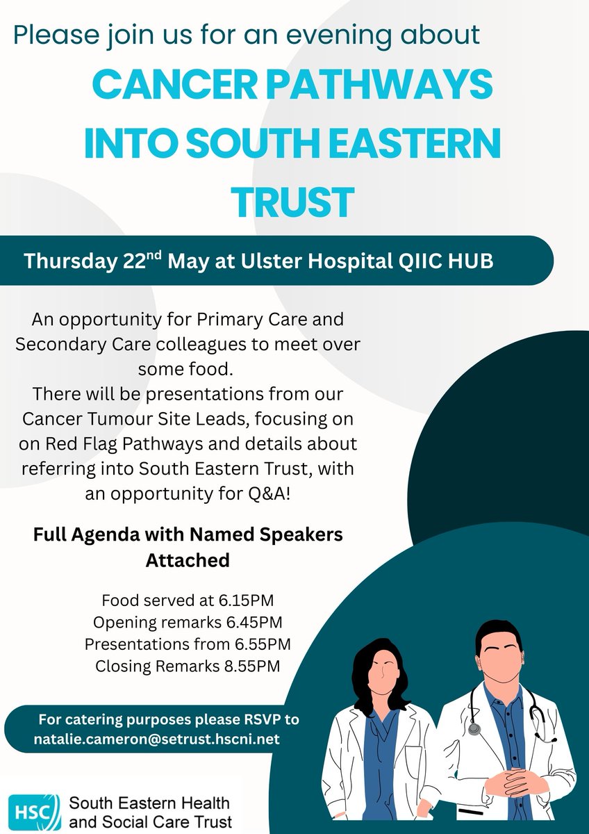 setrust's tweet photo. Calling all GPs &amp; healthcare professionals 📣 

🔹 Cancer Pathways into the South Eastern Trust 🔹

📅 22 May
🕕 6:15pm 
🏥 Trust HQ, QIIC Hub

RSVP 👇 
natalie.cameron@setrust.hscni.net https://t.co/EmBRTcbALc