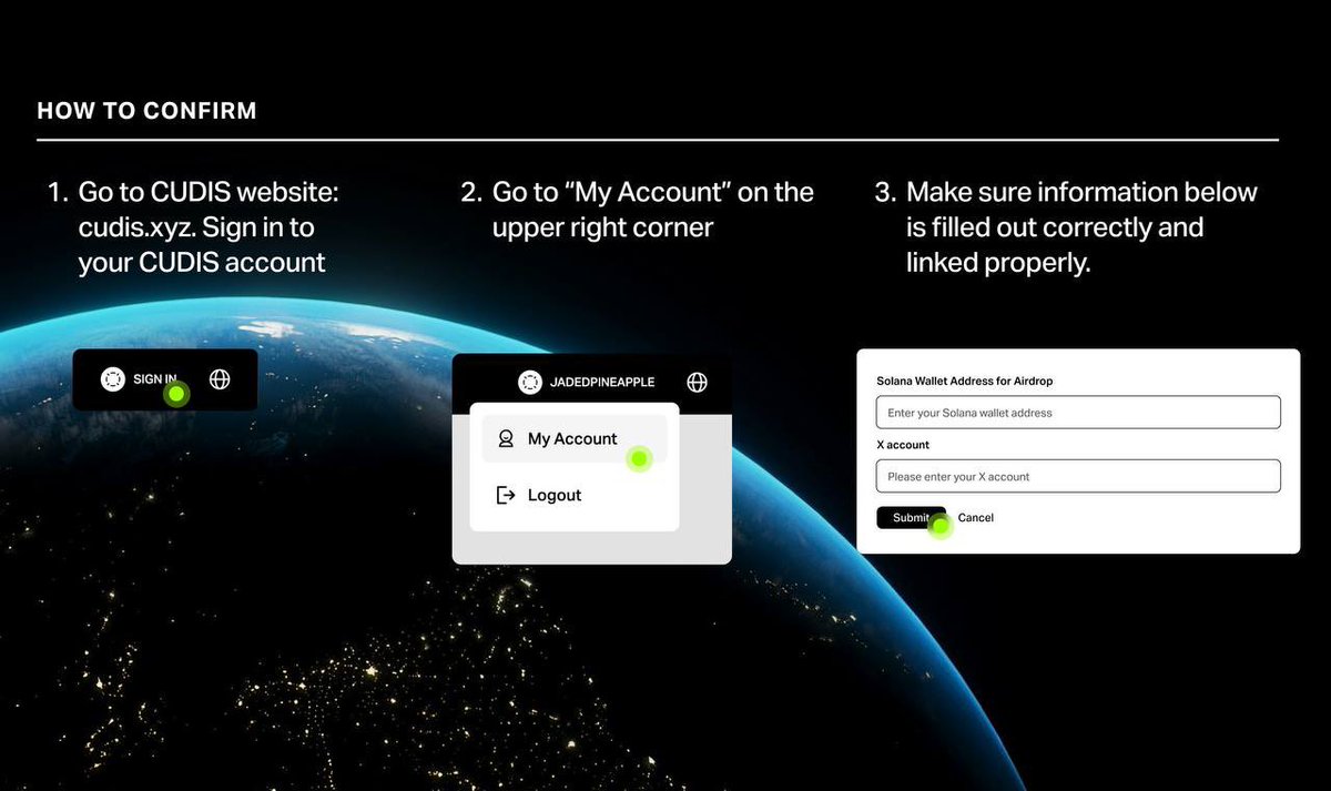 Confirm now🔗: cudis.xyz/my-account

Make sure to confirm your PRIMARY wallet!

Hold Tight, Locked In, Be Loud! The winning journey is about to get going!

Instructions 👇