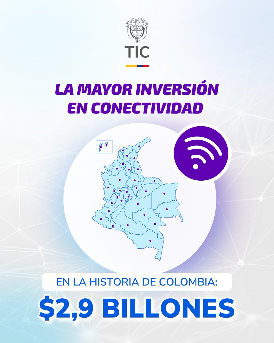 Desde 2023, Colombia viene realizando la inversión más alta en conectividad de su historia: $2,9 billones.
Porque conectar un hogar no es un dato, es transformar vidas.
#DíaDelInternet