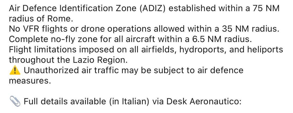 airrobats's tweet photo. 🚫 Airspace Restrictions for the Inauguration of Pope Leo XIV – May 18

Starting today at 13:00 local time, significant airspace restrictions are in effect around Rome due to the inauguration of Pope Leo XIV:

https://t.co/KqV9kR9VyZ https://t.co/0ptK5nz9n2