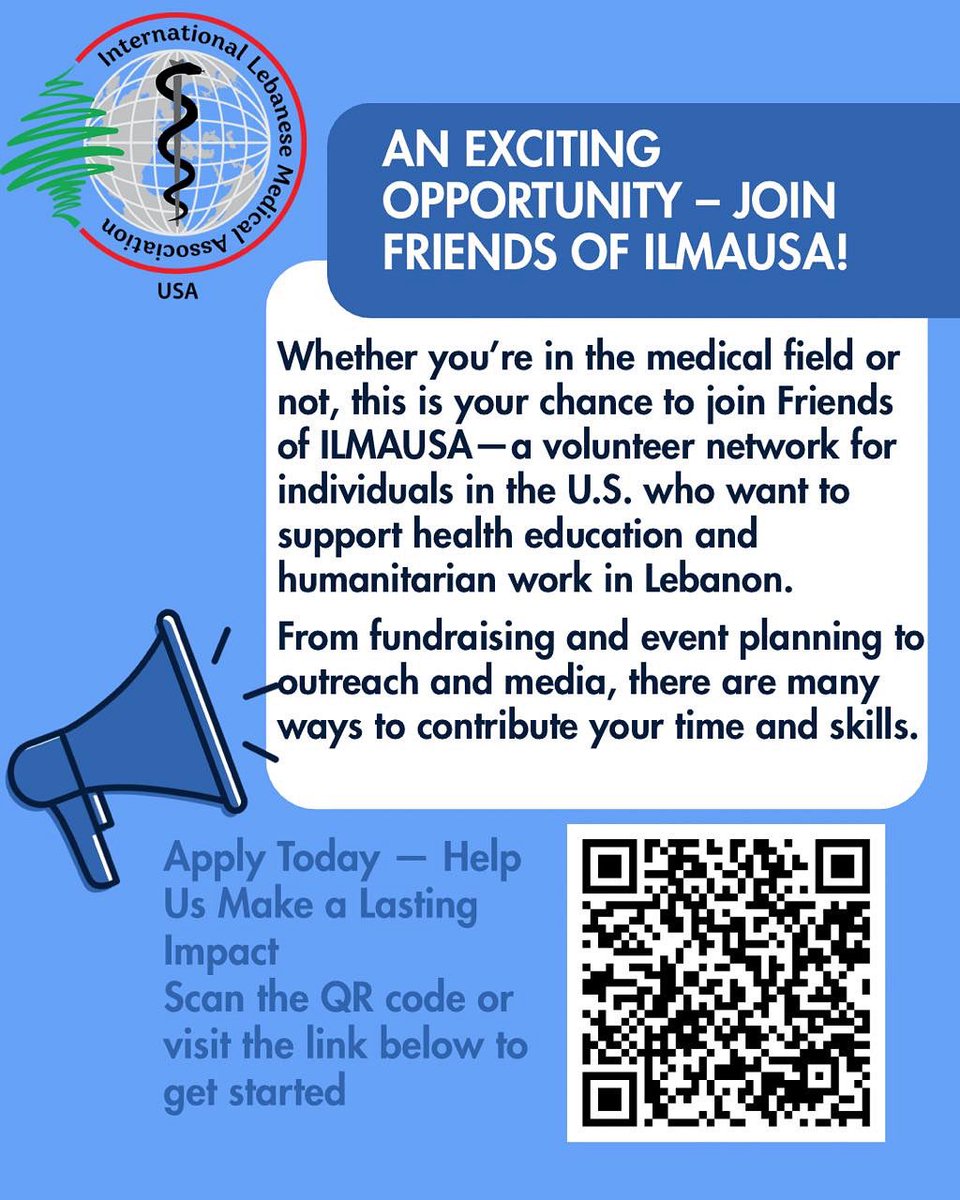 🚨 Exciting Opportunity to Get Involved!
Want to make a difference in Lebanon while living in the U.S.?  Join Friends of ILMAUSA — a volunteer network open to everyone, not just those in the medical field.  Apply now: ilmausa.org/join-friends-o…

#ILMAUSA #Volunteer #SupportLebanon