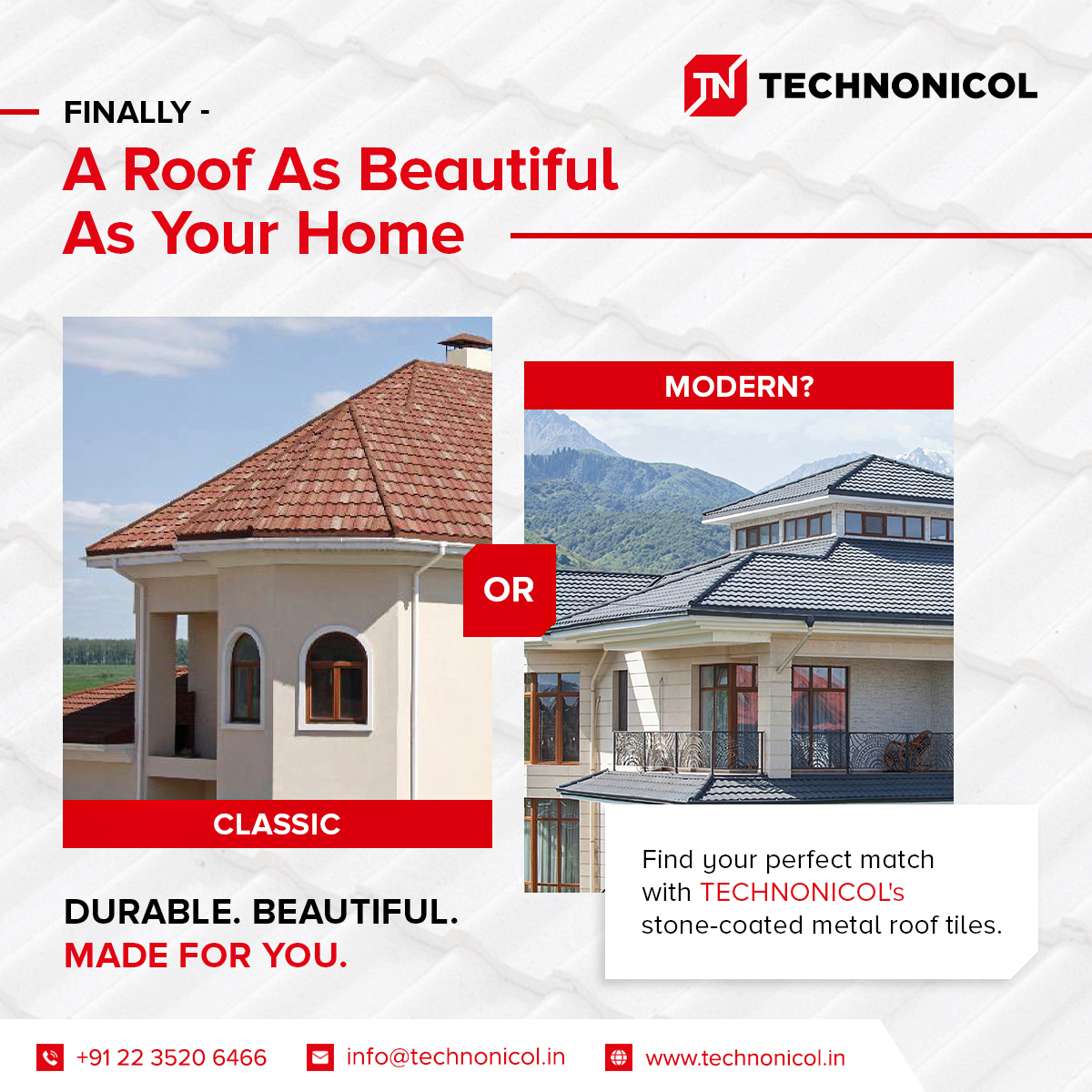 technonicol_in's tweet image. Finally—a roof that matches your vision! 🏡✨

Classic charm or modern elegance? TECHNONICOL India’s Stone-Coated Metal Roof Tiles offer the perfect blend of durability and style. Built to last, designed to impress!

#technonicolindia #stonecoatedroofing #durableroof