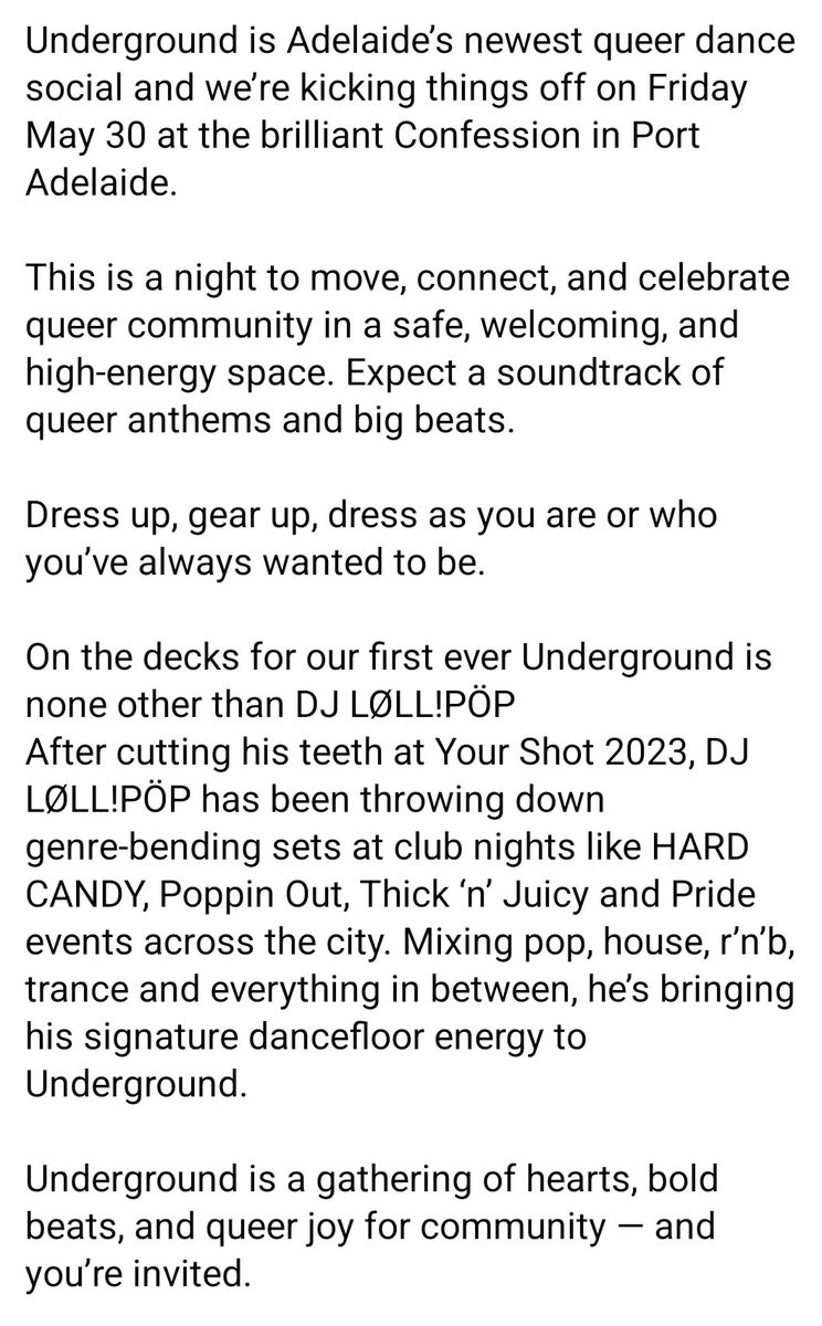 UNDERGROUND @ Confession Port Adelaide isn't far away! 

Underground is Adelaide’s newest queer dance social and we’re kicking things off on Friday May 30 at the brilliant Confession in Port Adelaide. Tickets On Sale Now! 
  events.humanitix.com/underground-nt…

See you there!