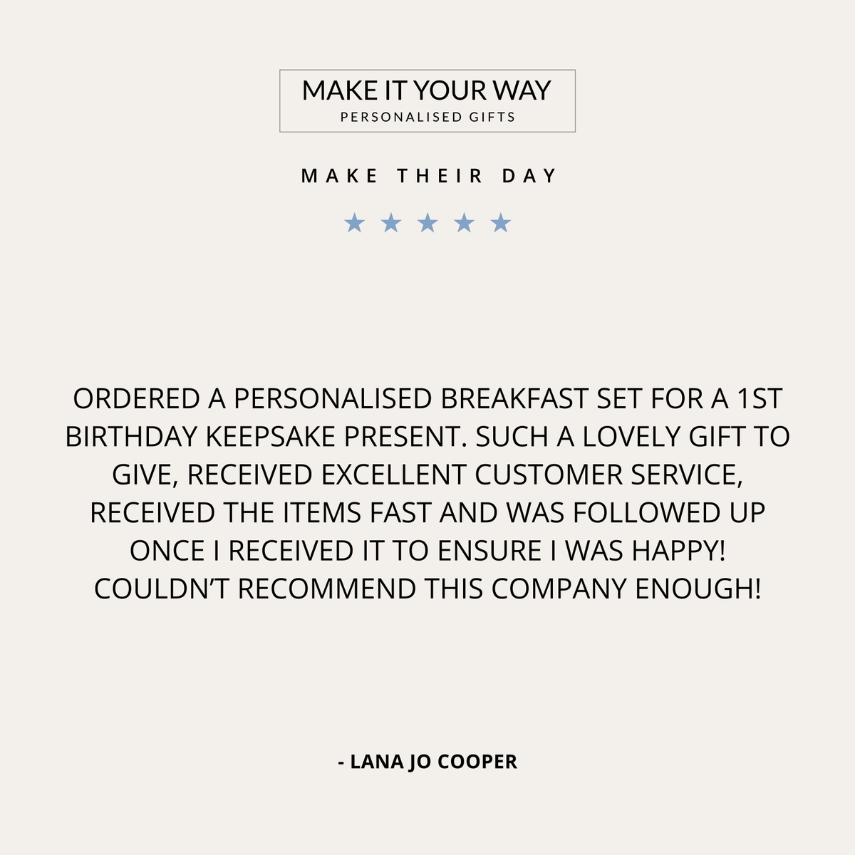 makeityourwayy's tweet photo. "Ordered a personalised breakfast set for a 1st birthday keepsake. Lovely gift, excellent service, fast delivery!" 🌟 - Lana Jo Cooper.

Read more of her experience: 
https://t.co/eK1YBkPLjg

#MakeItYourWay #CustomerSatisfaction https://t.co/49t9Ubn57y