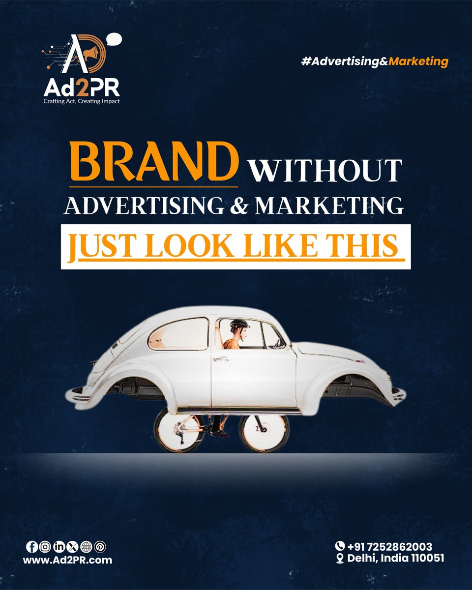 Ad2Pr_'s tweet photo. A brand without strong advertising and digital marketing is like a car with no engine—beautiful but going nowhere.

https://t.co/ZotAl5W6ir

#Ad2PR #MarketingThatWorks #DigitalMarketingExperts #SocialMediaBranding #OnlineBusinessGrowth #trending https://t.co/zXmEx66MSQ