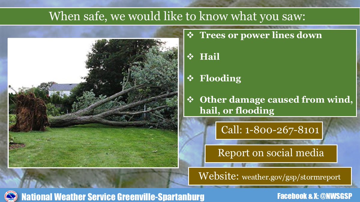 NWSGSP's tweet image. We had a line of severe thunderstorms overnight/early this morning. If you experienced any damage, please let us know! Include your location, time of the damage, &amp;amp; details such as trees down, size of hail (compare to a coin or ball). We appreciate the help! #ncwx #scwx