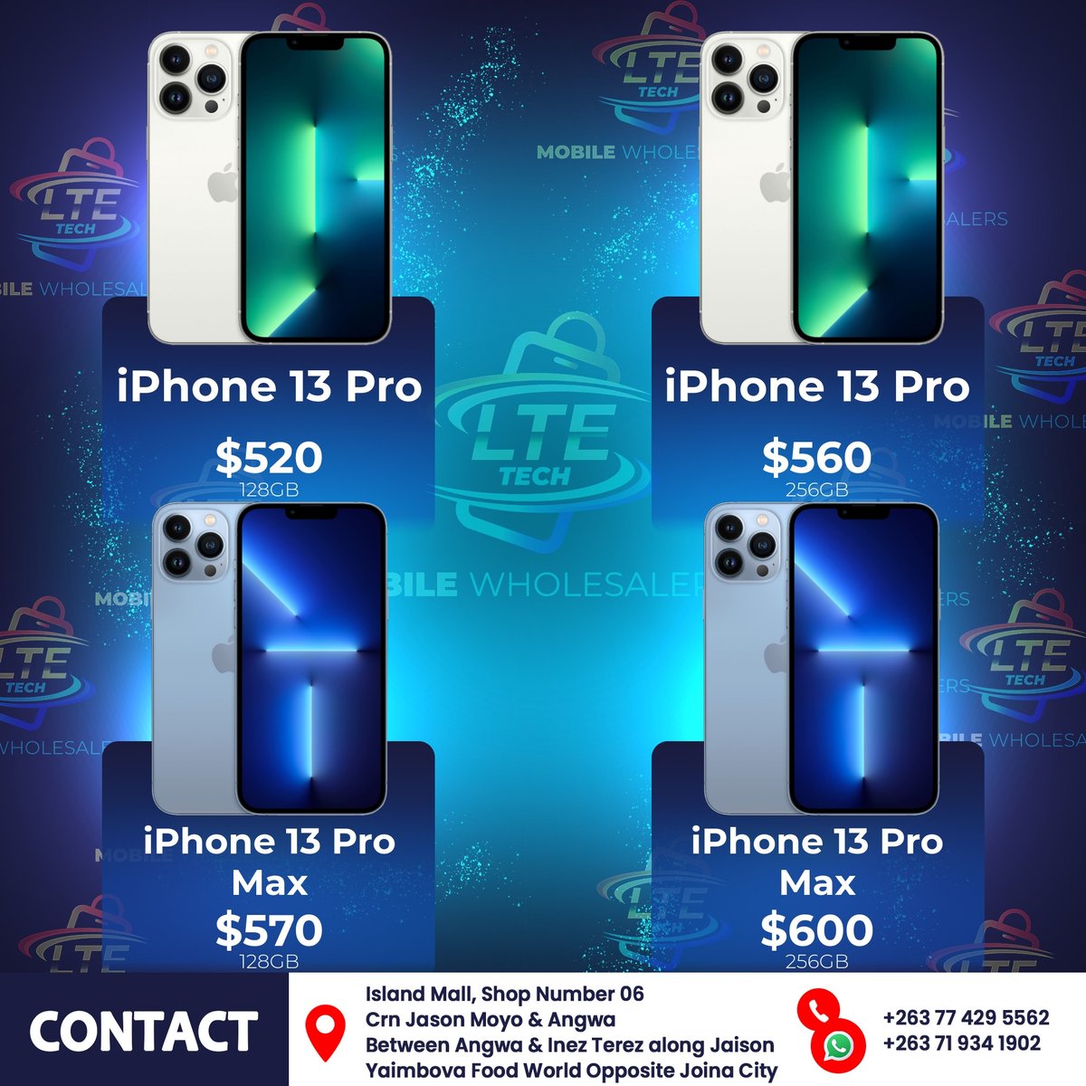 LTEtech_Boss's tweet photo. Unleash the power of iPhone 13 Pro and Pro Max at LTE Tech Electronics. Available in 128GB &amp; 256GB. Upgrade today for ultimate performance! #StayConnected https://t.co/f9d9dYL1Yr