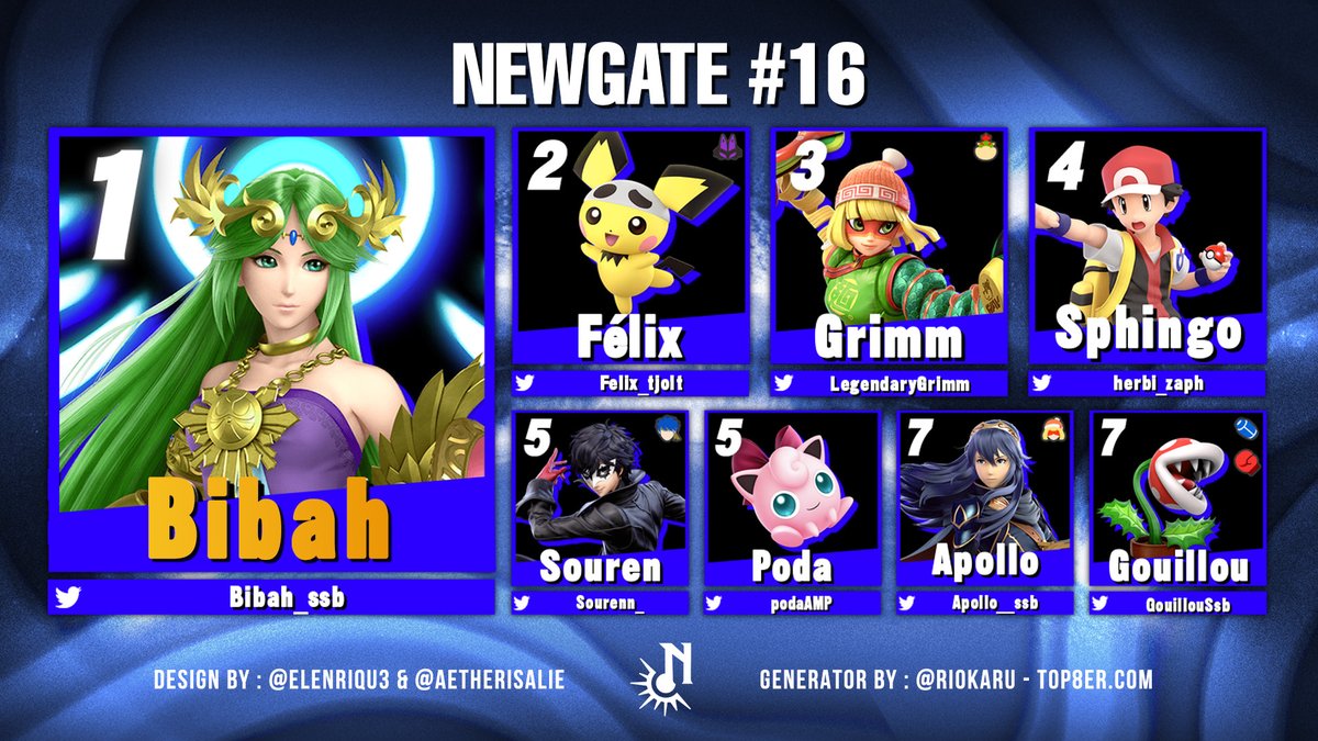 Bravo aux participants du NewGate #16 ! ~ 21 joueurs [16/05]

🥇<a href="/Bibah_ssb/">SBF | Bibah</a> 
🥈<a href="/Felix_tjolt/">SBF | Is this Félix</a> 
🥉<a href="/LegendaryGrimm/">Ciel d'Aube | Grimm</a>

Les inscriptions pour mercredi et vendredi sont ouvertes !!
Détails &amp; inscription : start.gg/hub/g-r-a-b/de…