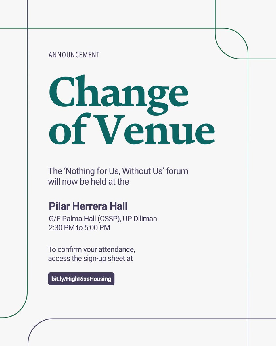 📢 ANNOUNCEMENT 📢

The 'Nothing for Us, Without Us' forum will now be held at the Pilar Herrera Hall (G/F Palma Hall, UP Diliman) from 2:30 PM to 5:00 PM on May 21, 2025.

For everyone's comfort and safety, we encourage participants to sign-up at bit.ly/HighRiseHousing