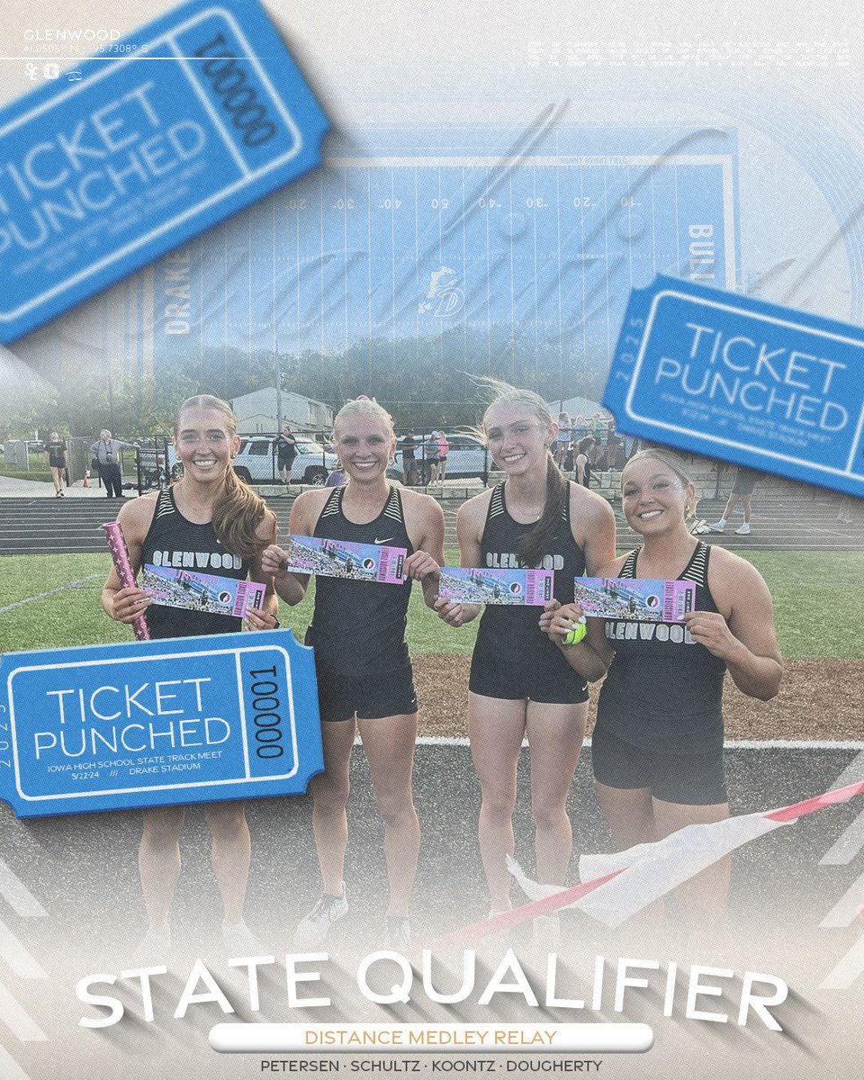 Glenwood Rams (@glenwoodrams) on Twitter photo Congratulations to <a href="/GCHSGTF/">Glenwood Girls Track & Field</a>’s Distance Medley Relay Team of Elaina Dougherty, Allison Koontz, Brooklyn Schultz & Breckyn Petersen who punched their ticket to the State Track Meet! Congratulations to <a href="/GCHSGTF/">Glenwood Girls Track & Field</a>’s Distance Medley Relay Team of Elaina Dougherty, Allison Koontz, Brooklyn Schultz & Breckyn Petersen who punched their ticket to the State Track Meet!