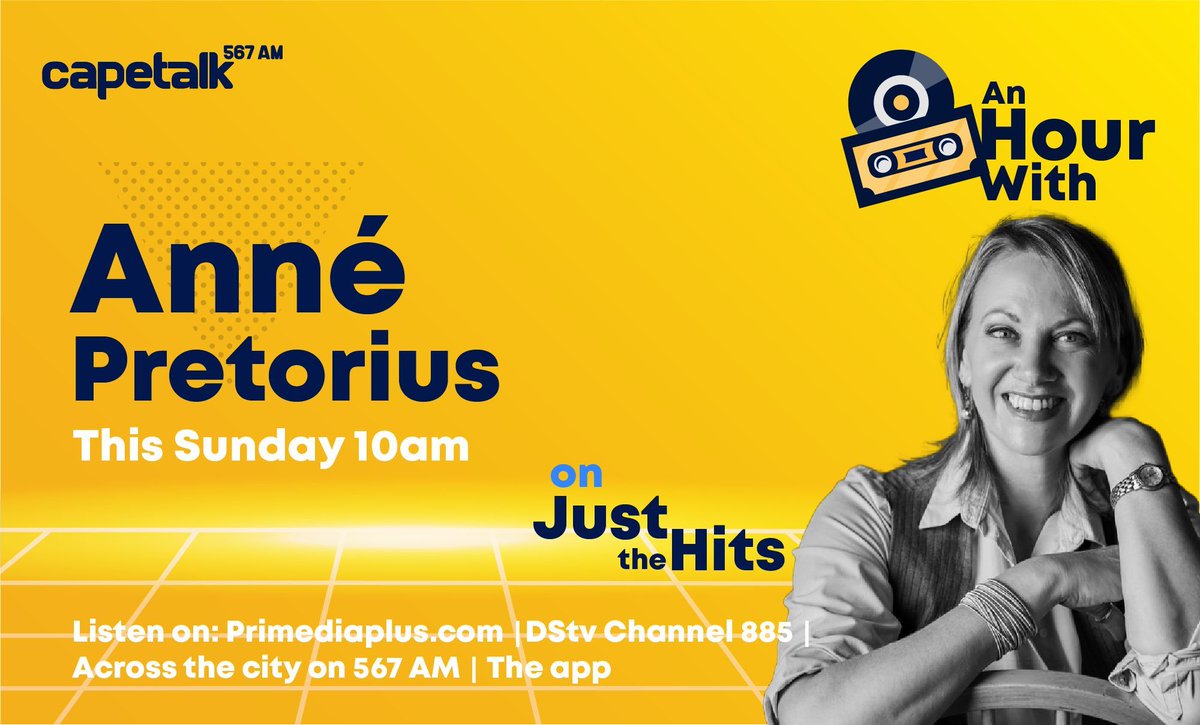 CapeTalk's tweet photo. Don't miss #AnHourWith inspirational book compiler Anné Pretorius!
Get ready for the perfect blend of 80s and 90s nostalgia this Sunday at 10am – Exclusive to CapeTalk! https://t.co/l5dB2WRJL6
