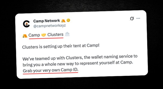 meta7sol's tweet photo. 领取你的免费集群 x Camp Network ID！ 

@campnetworkxyz已与 @clustersxyz合作，使 Clusters 成为 Camp 自治 IP 第 1 层区块链的官方命名空间提供商。

你现在可以在 Clusters 上领取免费的 Camp ID。  

传送门： https://t.co/9Jp0TupCwC