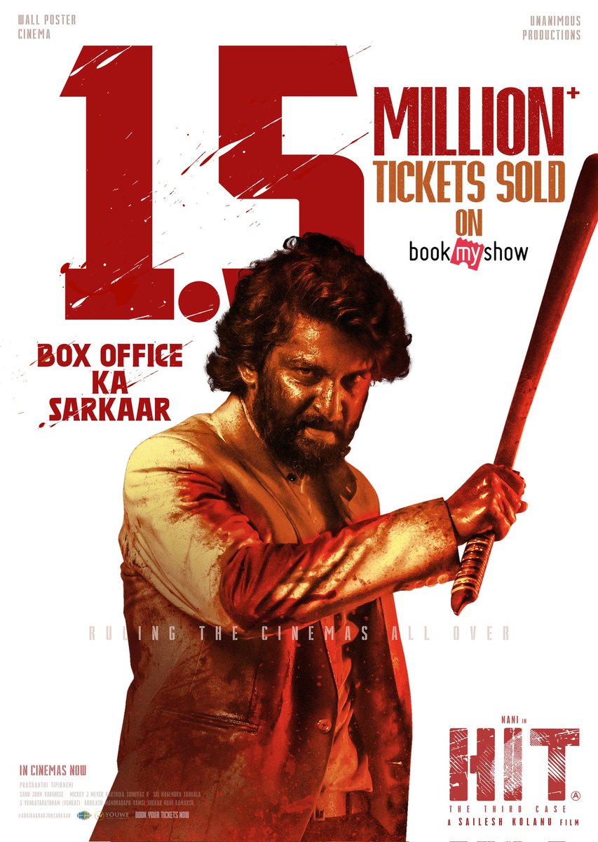 1.5 MILLION+ TICKETS SOLD on <a href="/bookmyshow/">BookMyShow</a> alone for #HIT3 💥💥

The rampage continues at the box office ❤️‍🔥

Book your tickets now!
🎟️ linktr.ee/HIT3Tickets

#BoxOfficeKaSarkaar
Natural Star <a href="/NameisNani/">Nani</a> <a href="/KolanuSailesh/">Sailesh Kolanu</a> <a href="/SrinidhiShetty7/">Srinidhi Shetty</a> <a href="/komaleeprasad/">Komalee Prasad</a> <a href="/MickeyJMeyer/">Mickey J Meyer</a> <a href="/SJVarughese/">Sanu John Varughese</a>