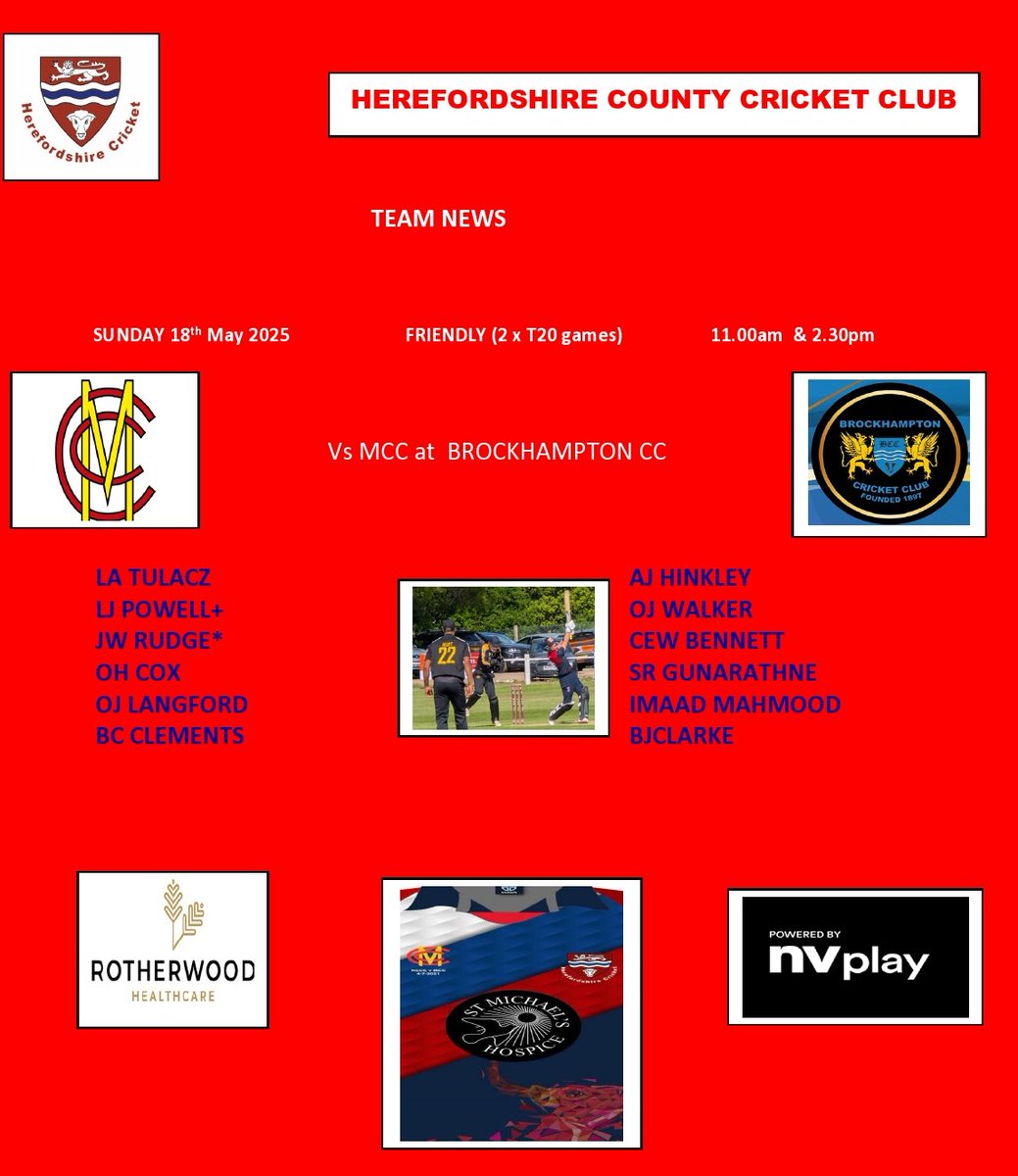 Jim Morris (@jimmorrisscorer) on Twitter photo Tomorrow <a href="/HerefordsCric/">HerefordshireCricket</a> entertain <a href="/MCCOfficial/">Marylebone Cricket Club</a> <a href="/BrockhamptonCC/">Brockhampton CC</a> in aid of <a href="/StMichaelsHosp/">St Michael's Hospice, Hereford</a> in two T20 cricket matches <a href="/frankwatson58/">Frank Watson</a> <a href="/braddersatbbc/">Dave Bradley</a> <a href="/bbchwsport/">BBC HW Sport</a> <a href="/herefordtimes/">Hereford Times</a> <a href="/YourHereford1/">Your Herefordshire</a> <a href="/SunshineRadio/">Sunshine Radio</a> <a href="/freeradio/">Free Radio</a> Tomorrow <a href="/HerefordsCric/">HerefordshireCricket</a> entertain <a href="/MCCOfficial/">Marylebone Cricket Club</a> <a href="/BrockhamptonCC/">Brockhampton CC</a> in aid of <a href="/StMichaelsHosp/">St Michael's Hospice, Hereford</a> in two T20 cricket matches <a href="/frankwatson58/">Frank Watson</a> <a href="/braddersatbbc/">Dave Bradley</a> <a href="/bbchwsport/">BBC HW Sport</a> <a href="/herefordtimes/">Hereford Times</a> <a href="/YourHereford1/">Your Herefordshire</a> <a href="/SunshineRadio/">Sunshine Radio</a> <a href="/freeradio/">Free Radio</a>
