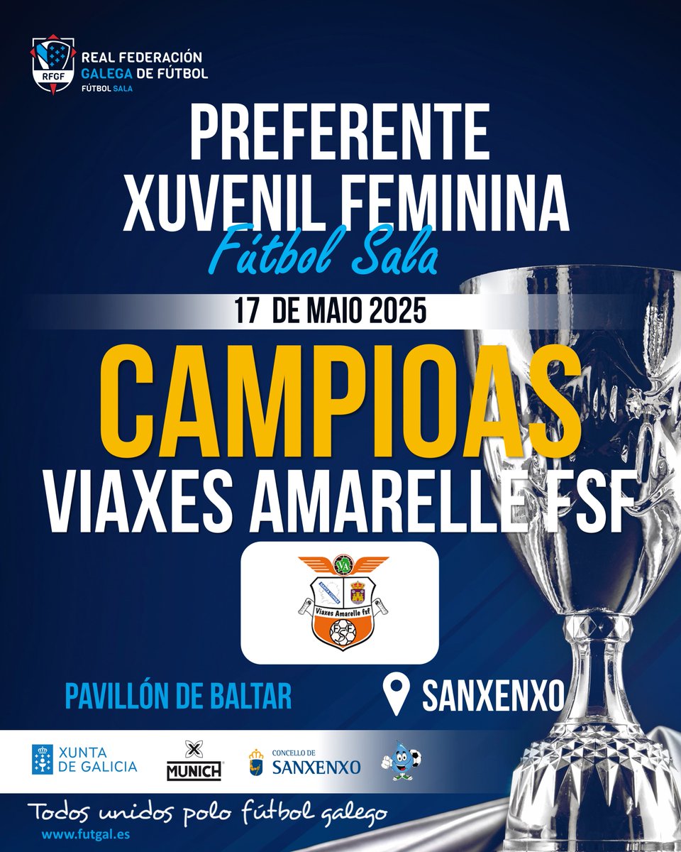 Futsal RFGF (@futsalrfgf) on Twitter photo 🏆 As CAMPIOAS da 𝐏𝐫𝐞𝐟𝐞𝐫𝐞𝐧𝐭𝐞 𝐗𝐮𝐯𝐞𝐧𝐢𝐥 𝐅𝐞𝐦𝐢𝐧𝐢𝐧𝐚 levantan o seu trofeo np @concellosanxenxo
👏 Parabéns á familia do <a href="/amarellefsf/">Viaxes Amarelle FSF</a> polo título!
🙌 Noraboa tamén ao <a href="/RibeiraFS/">Club Ribeira Fútbol Sala</a> polo subcampionato!
#Futsal 🏆 As CAMPIOAS da 𝐏𝐫𝐞𝐟𝐞𝐫𝐞𝐧𝐭𝐞 𝐗𝐮𝐯𝐞𝐧𝐢𝐥 𝐅𝐞𝐦𝐢𝐧𝐢𝐧𝐚 levantan o seu trofeo np @concellosanxenxo
👏 Parabéns á familia do <a href="/amarellefsf/">Viaxes Amarelle FSF</a> polo título!
🙌 Noraboa tamén ao <a href="/RibeiraFS/">Club Ribeira Fútbol Sala</a> polo subcampionato!
#Futsal