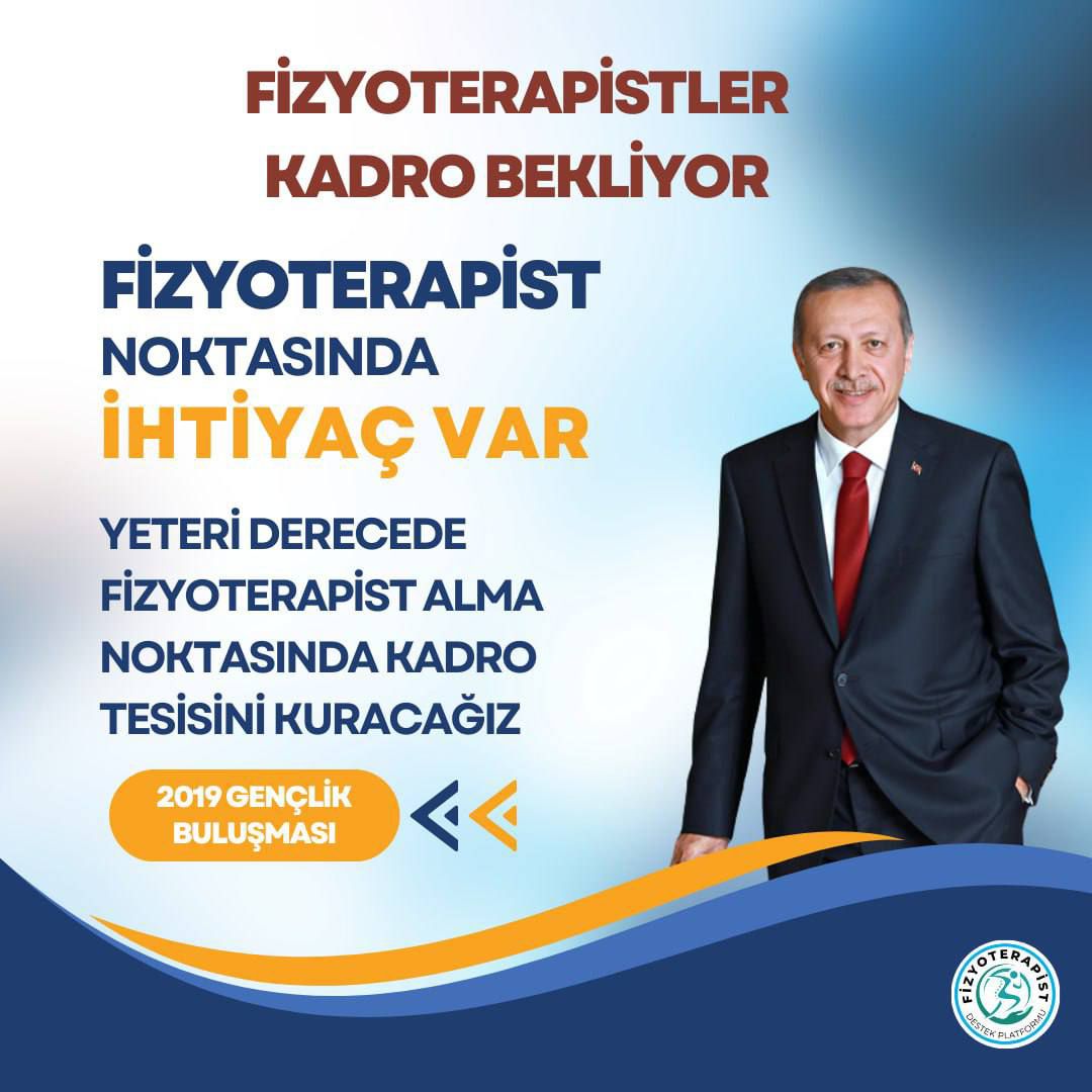<a href="/RTEdijital/">Erdoğan Dijital Medya</a> <a href="/RTErdogan/">Recep Tayyip Erdoğan</a> <a href="/RTEdijital/">Erdoğan Dijital Medya</a>  Sağlık bakanlığı 19 bin personel alımında Fizyoterapistlere 121 kadro verildiğini ve 37 ile kadro açılmadığını 

Ayrıca Fizik tedavi ve rehabilitasyon ünitelerinde Taşeron Fizyoterapist ve başka meslek grupları olduğunu 

Ve hastaların 7-8 ay sonra fizik tedavi