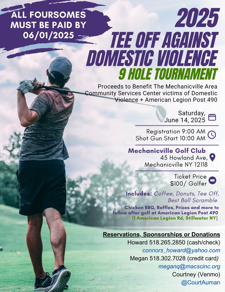 MACSCCommunity's tweet photo. June 1st is the cutoff for Foursomes to sign up for Tee Off Against Domestic Violence ! ⛳💜
Contact Howard at (518)265-2850 or connors_howard@yahoo.com #ittakesacommunity #dvap #golfbenefit https://t.co/JmBRzYKYit