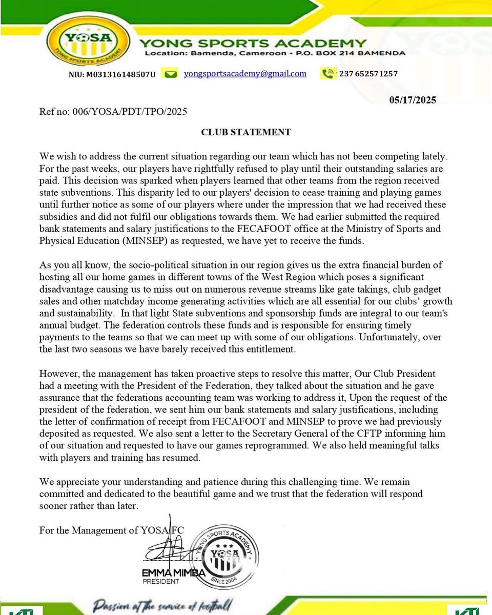 Kosi_foottalk's tweet image. YOSA makes official statement concerning  the recent crisis ; 
Players have also resumed training 

#yosa #bamenda #fecafoot #MINSEP