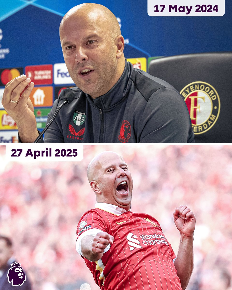 premierleague's tweet photo. 17 May 2024 - Arne Slot confirms in a press conference that he will join @LFC 🤝

27 April 2025 - Slot's Liverpool become 2024/25 Premier League champions 🏆 https://t.co/OW0pnAiQWh
