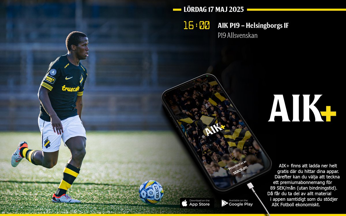 Livefotboll i AIK+ från Skytteholms IP, där AIK P19 denna lördagseftermiddag tar emot Helsingborgs IF. Avspark sker kl 16:00.
